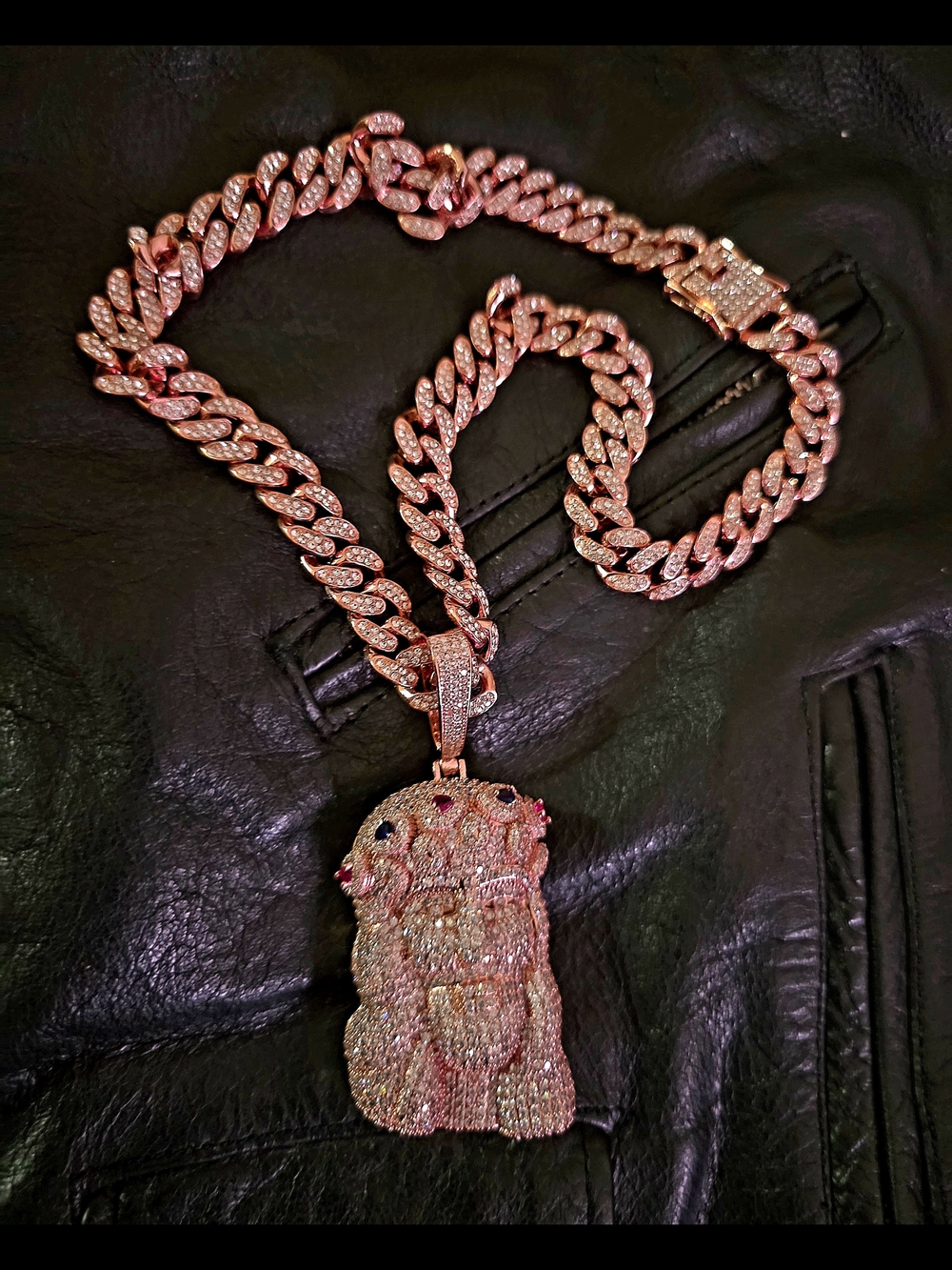 Rhinestone Jesus Piece Pendant - Pink and Gold Tone - Picture 4 of 7